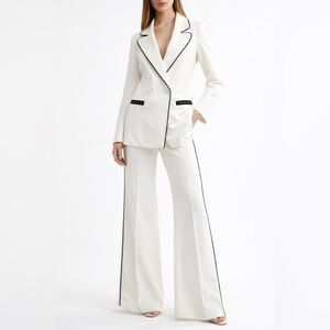 Haute Rogue Ivory Piped Suit Set S | 26” Waist Wide Leg Power Suit